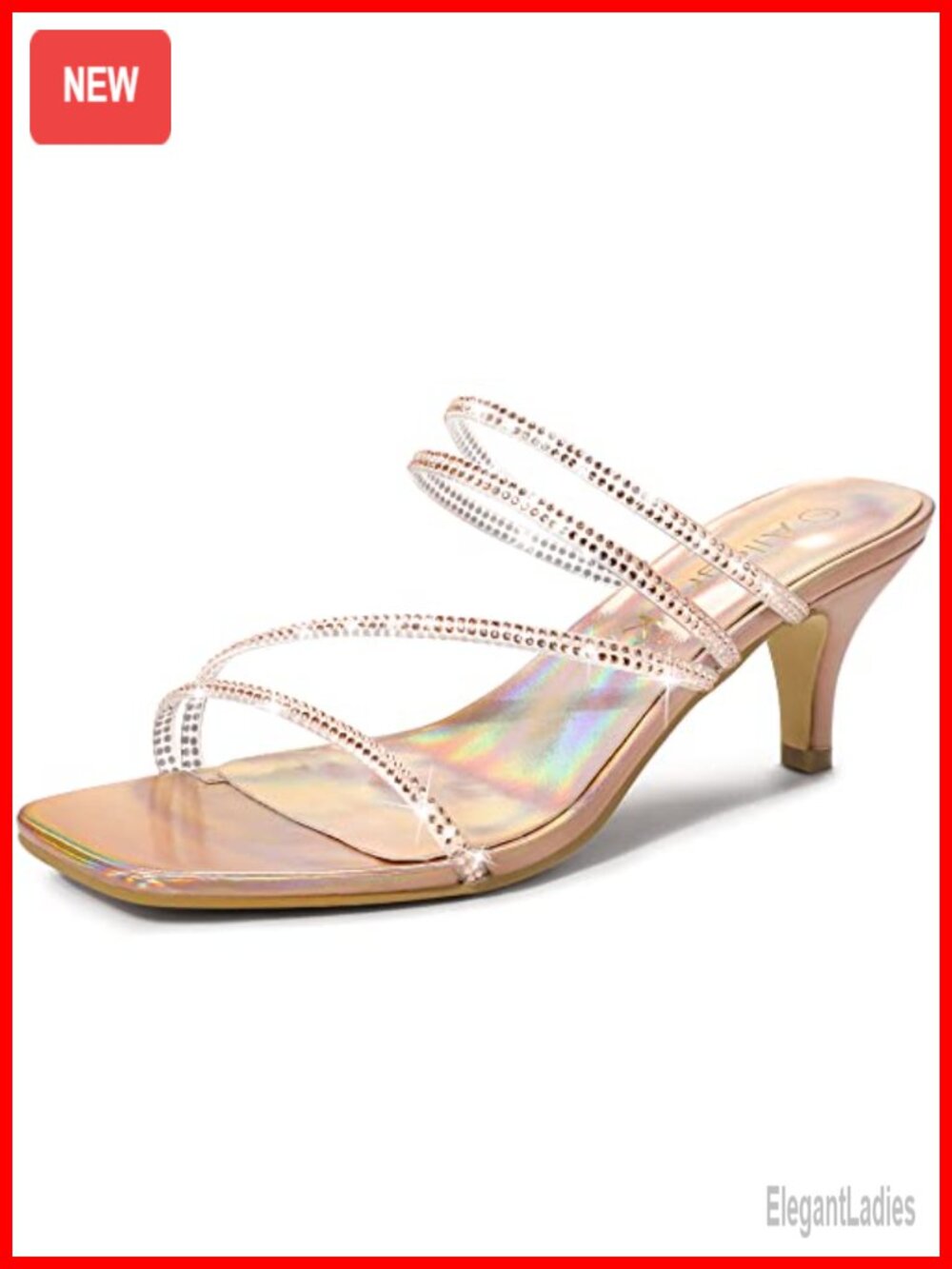 Rhinestone Strappy Square Toe Kitten Heel Slide Sandals